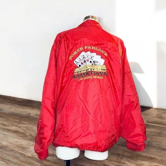 Vintage VTG 90s 80s Poker Windbreaker Bomber Jacket Coat Red L - Picture 1 of 8